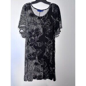 Apt 9 Black White Floral Print Flutter Sleeve Striped Shift Dress size medium
